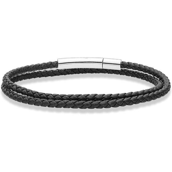Italian Leather Double Wrap Bracelet Men Women Black Small - Picture 1 of 5